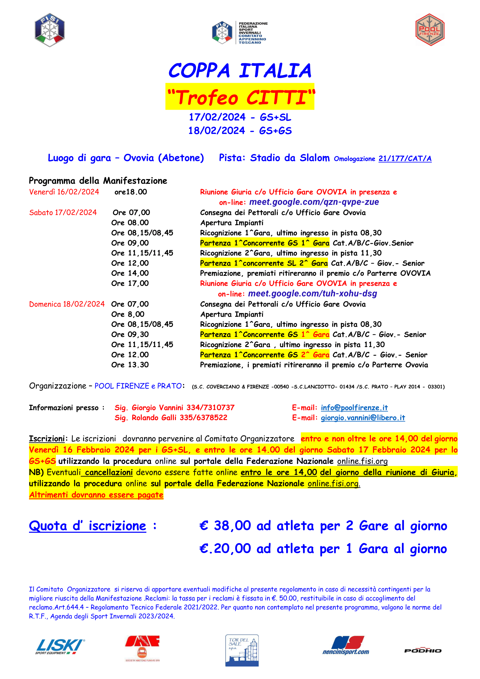 Master PROGRAMMA COPPA ITALIA TROFEO CITTI 1718 FEBBRAIO 2024